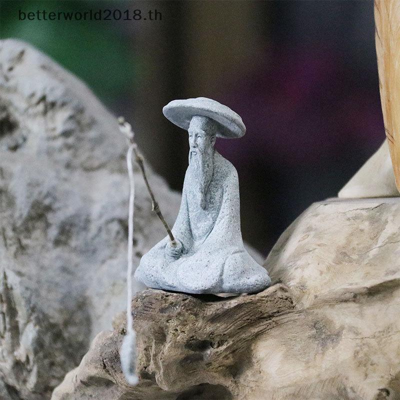 [bet] 1 ชิ้น Aquarium Mini Fisherman รูปปั้นเอเชีย Zen ตกแต่งบ้านถังปลาสวนนั่งตกปลา Sandstone Vintage เครื่องประดับ [TH]