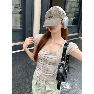 Lalita ส่งไวจากไทย เสื้อยืดผู้หญิง แขนสั้น ลายตัวอักษร สไตล์เกาหลี ย้อนยุค เซ็กซี่
