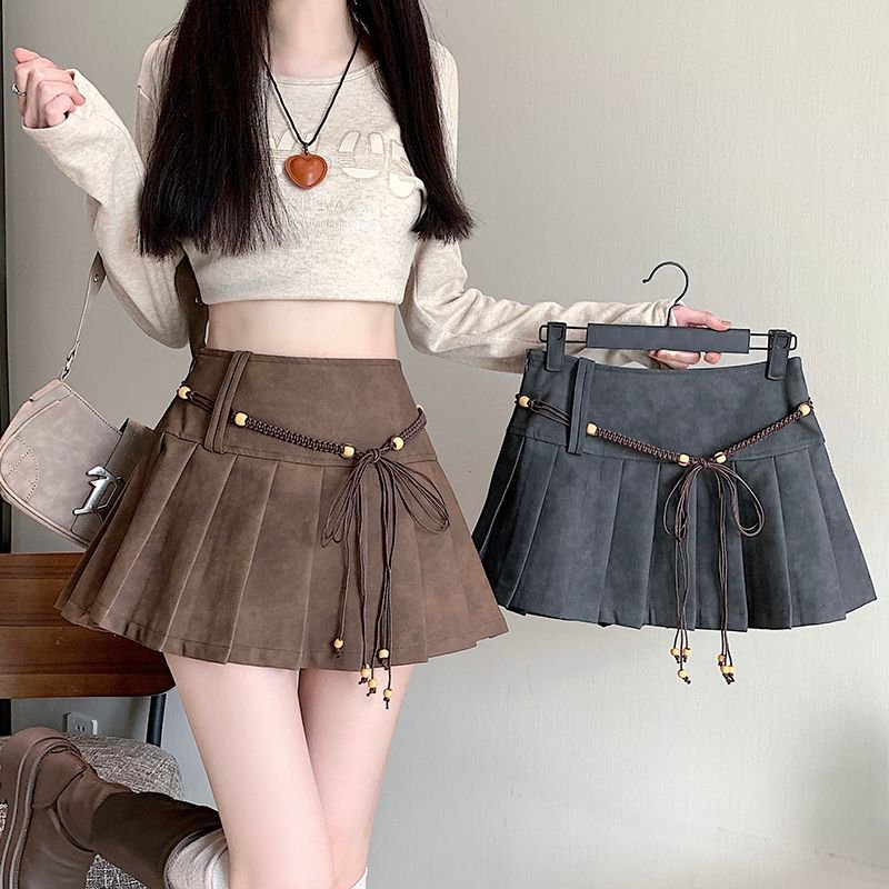 Hermarou S-6XL ของผู้หญิง กระโปรงสั้น เอ-ไลน์ เอวสูง เซ็กซี่ กระโปรงพลีท วัสดุหนังพียู
