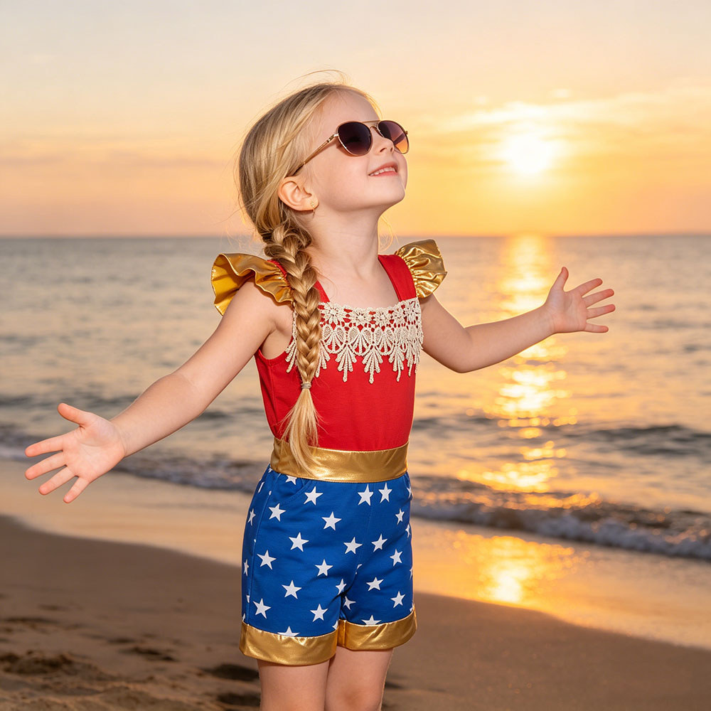 เด็ก Wonder Woman Jumpsuit น้ำหนักเบา ทึบรังแคสำหรับเด็กหญิงอายุ 2-9 ปี