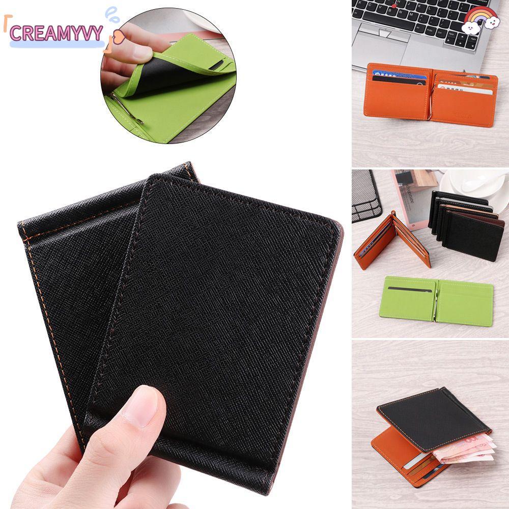 CREAMYVY กระเป๋าสตางค์ผู้ชาย Slim PU หนังบัตรเครดิต ID Card Holder