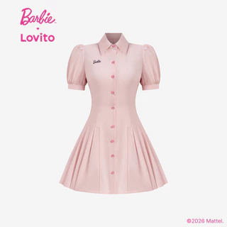 Barbie™ X Lovito แคชชวล เดรสปักลาย ผ้าฝ้าย 100% ติดกระดุม สีชมพู สำหรับผู้หญิง ฤดูใบไม้ผลิ/ฤดูร้อน เกาหลี อินเทรนด์ LB1AD025