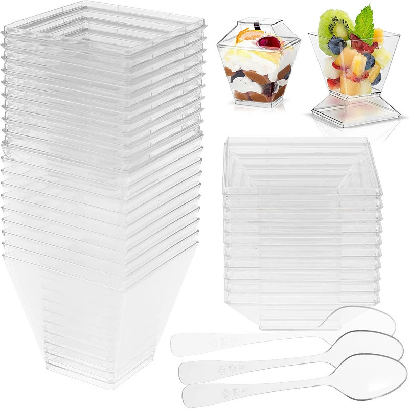 50Pcs 60ml Mini Dessert Cups Clear Plastic Party Ice Cream Cups with Lids Spoons Reusable Serving Bo