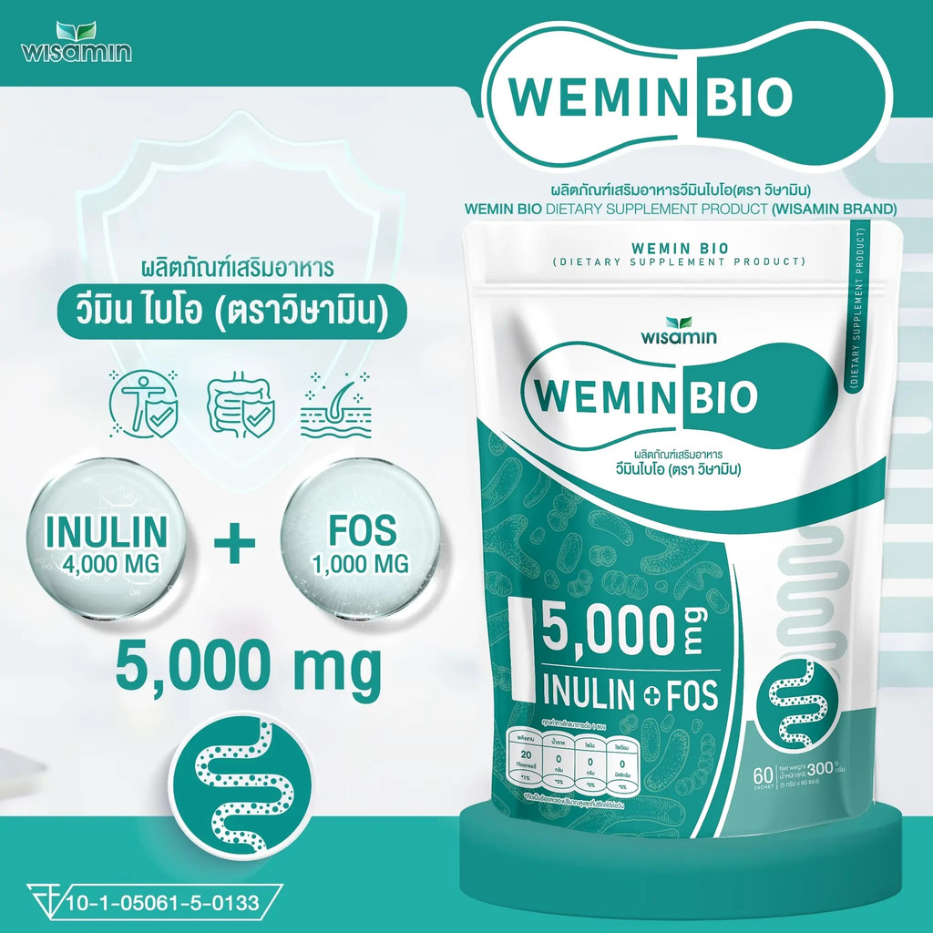 WEMIN BIO (PRE BIO Prebiotics) ผลิตภัณฑ์เสริมอาหาร Inulin FOS (แบรนด์ WASAMIN) 1 ถุง 60 ซอง