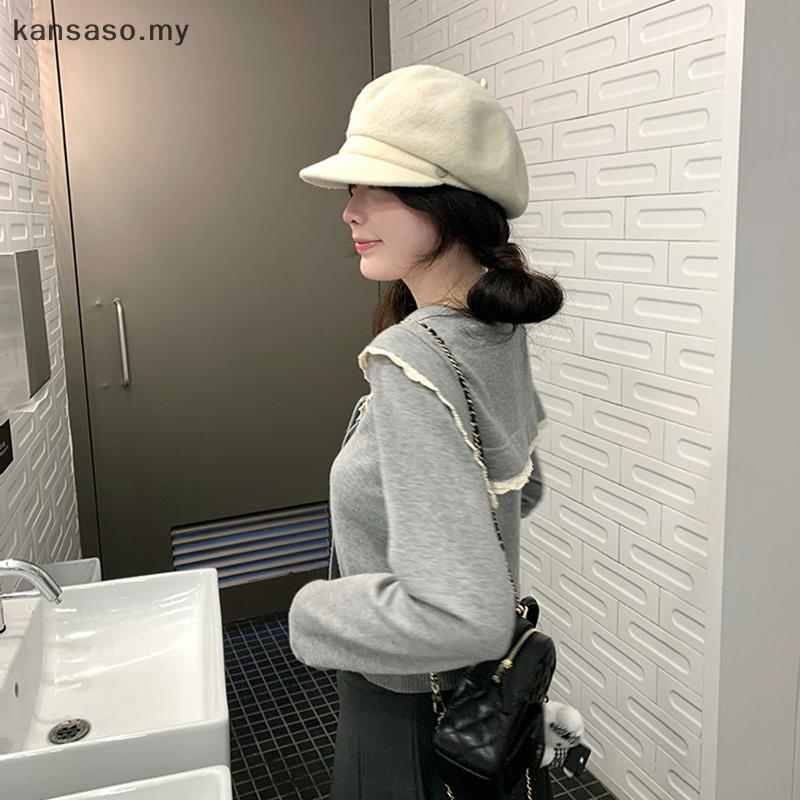 [KSA] ผู้หญิงลูกไม้หวานกองทัพเรือคอปก V-ne ลําลองเก๋ทุกวันแขนยาวเสื้อถัก [MY]