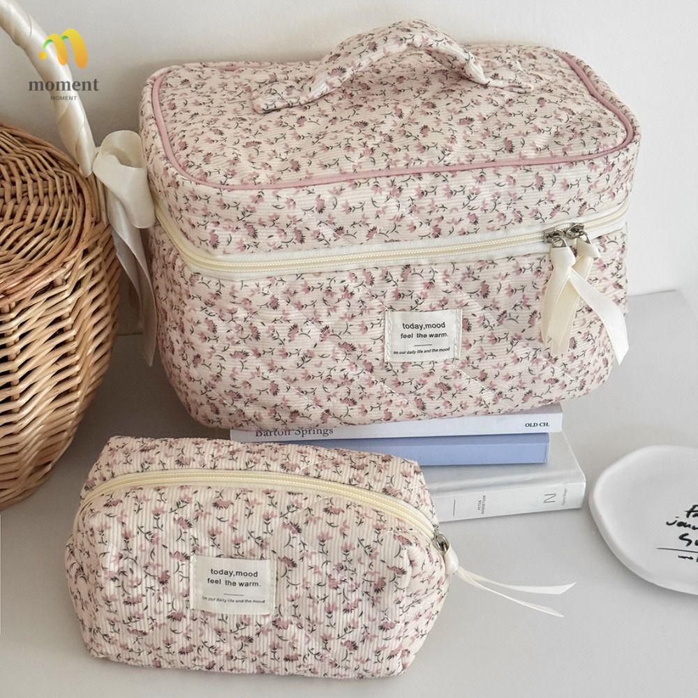 MOMENT Aesthetic Cosmetic Organizer, Corduroy Large Capacity Floral Makeup Pouch, Fashion Zipper Toi