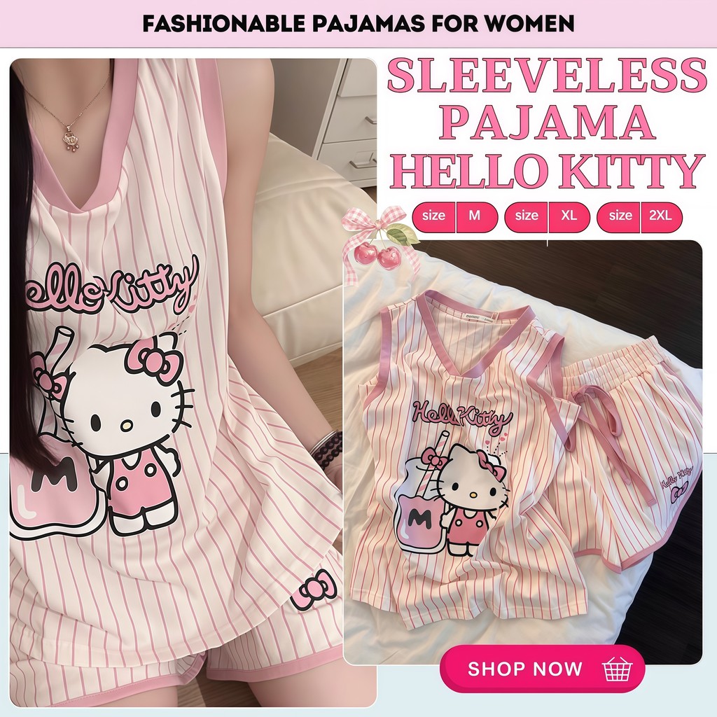 SLEEPWEAR FACTORY  ชุดนอนลายคิตตี้ ชุดนอนแฟชั่นเกาหลี  ชุดนอนเซ็ต 2 ชิ้น  ผ้านุ่ม ใส่สบาย มีของพร้อมส่ง W255