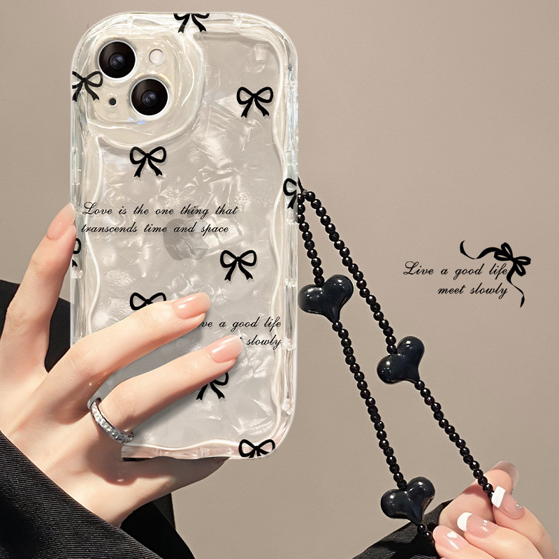 เหมาะสําหรับเคสโทรศัพท์ Apple 15 iPone14/13 โซ่โบว์สีดํา 17/16proma ซิลิโคนอ่อนนุ่มโปร่งใส Readystoc