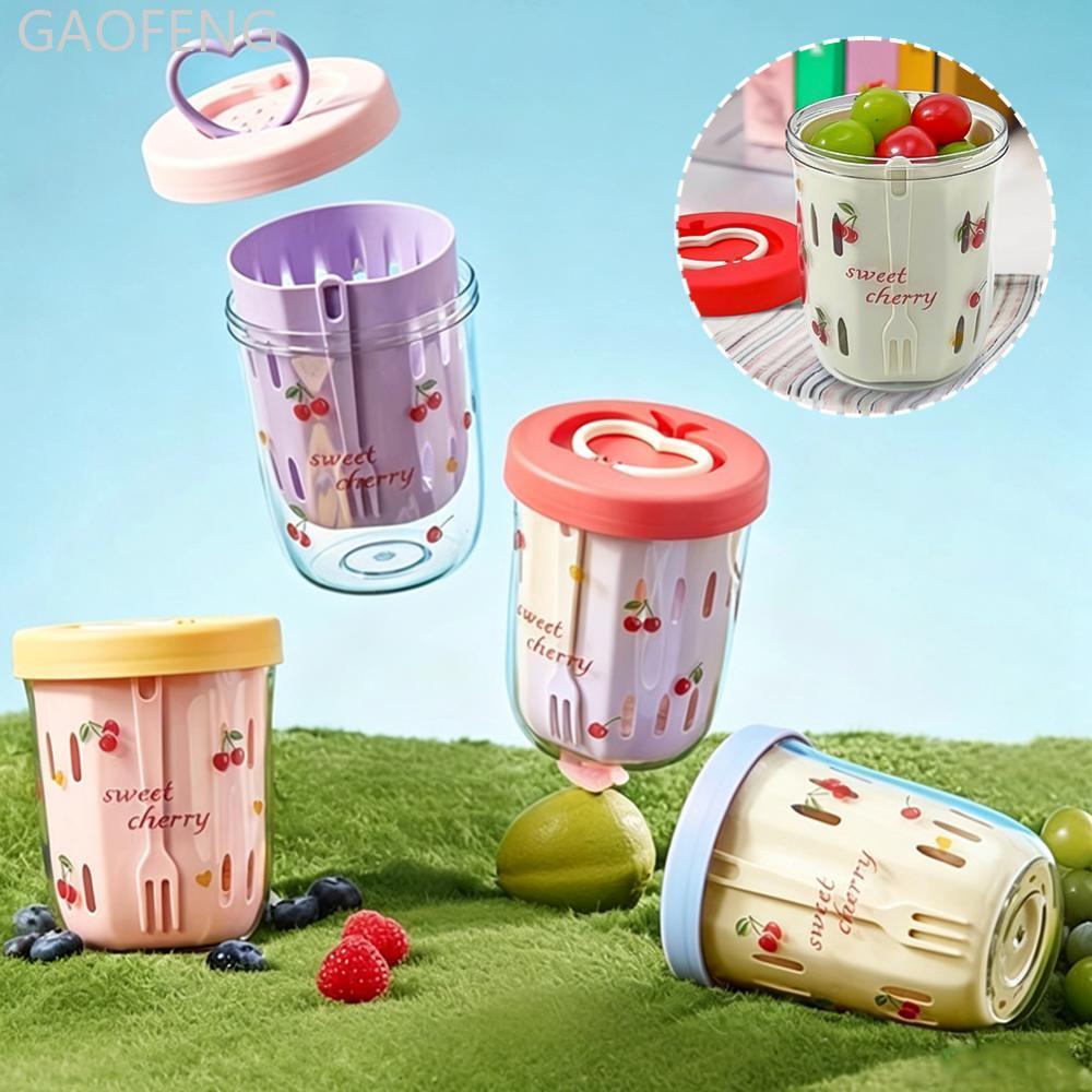 GAOFENG Double Wall ชามสลัดแบบพกพารั่วภาชนะข้าวโอ๊ตพร้อมส้อมและมือจับท่อระบายน้ําถ้วยผลไม้น่ารักถ้วย