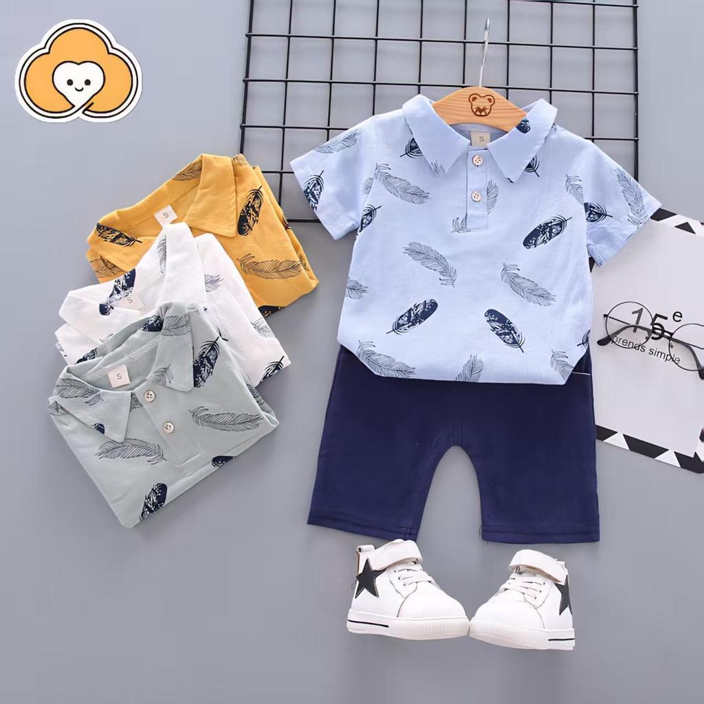 [Cotton Life]เสื้อโปโลเด็กแขนสั้น ลายการ์ตูน กางเกงขาสั้น ใส่สบายทุกวัน