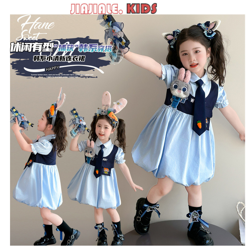 1-9yrs Kids Zootopia Judy Hopps Dress | ชุดเดรสโลลิต้าผ้าฝ้ายแขนสั้นกระต่ายคอปชุดลําลองฤดูร้อนสําหรั