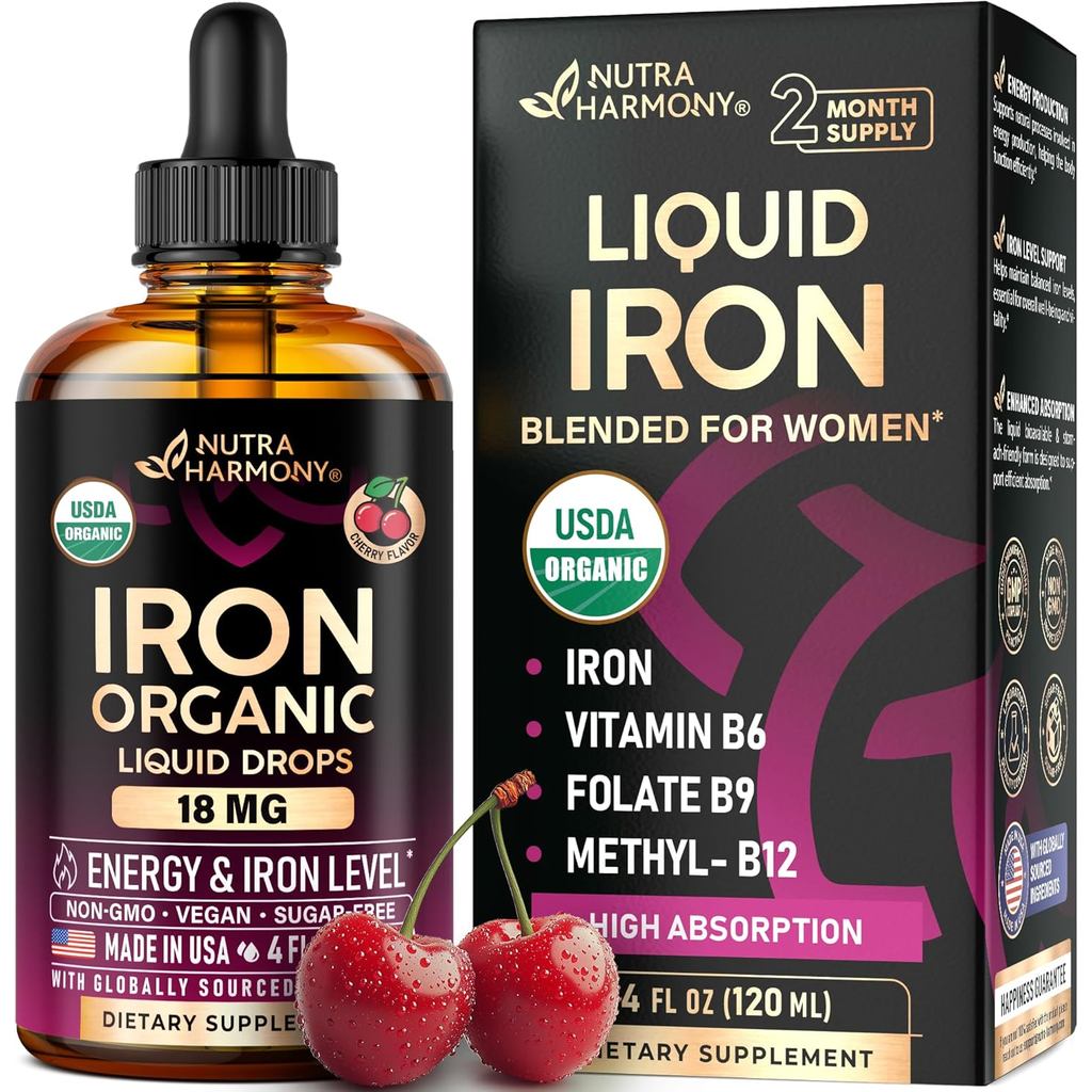 ผลิตภัณฑ์เหล็กเหลวสําหรับผู้หญิง 18 มก. - USDA Organic Drops, USA-Made - with Folate, Vitamin B12 & 