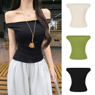 <Moss Queen> เสื้อยืดแขนสั้นเปิดไหล่สไตล์เกาหลี เสื้อครอป