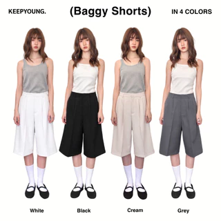 KEEPYOUNG [S-3XL] กางเกงขาสั้น 24 นิ้ว เอวสูง 2 จีบหน้า เก็บทรงสวย ผ้าหนา รุ่น BAGGY SHORTS