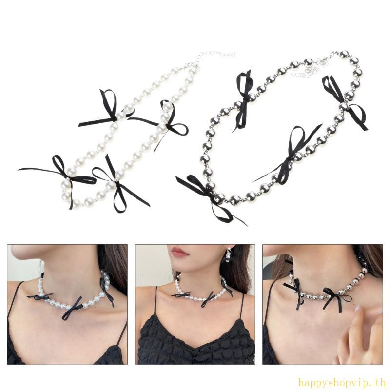 HSV สไตล์สีดํา Tie สร้อยคอ Choker เลียนแบบไข่มุกลูกปัดคอเครื่องประดับ