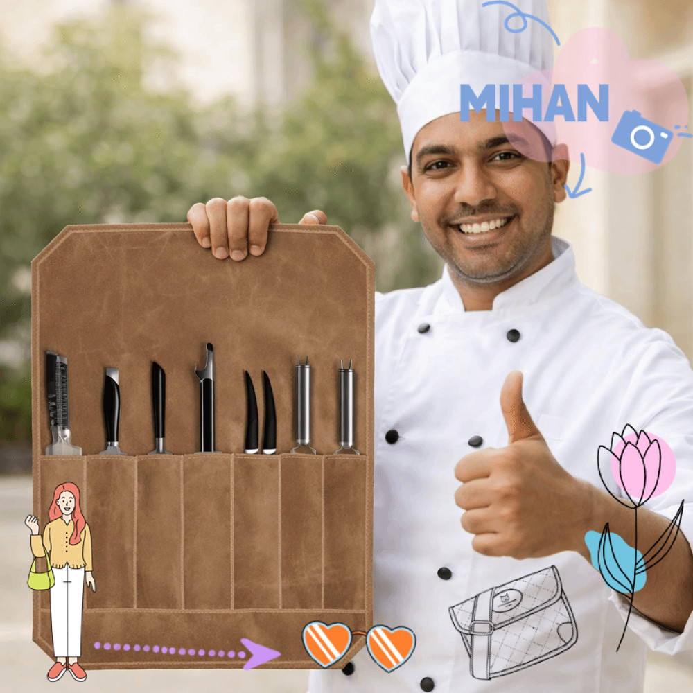 MIHAN Chef Tools Storage Bag, 7 Slots Wet Wax Canvas Chef Tools Carrier, Vintage Waterproof Roll-Up 
