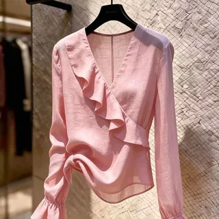 แฟชั่นฝรั่งเศส High-End V คอ Ruffled เสื้อฤดูร้อนสไตล์ใหม่ 2026 All-Match Slimmer ดูแขนยาวผู้หญิง