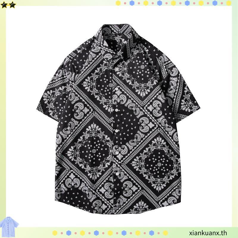 เสื้อฮาวาย ลายผ้าเช็ดหน้า ดำ ผ้านิ่ม M L XL Oversize คอฮาวาย JLW BRAND