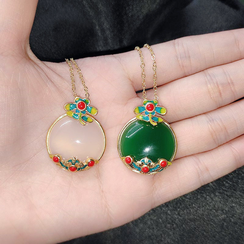 วิธีโบราณ Gold-Plated ธรรมชาติ Chalcedony สร้อยคอเงินสเตอร์ลิงการจับคู่ Hanfu อุปกรณ์เสริมจี้จี้หยกส