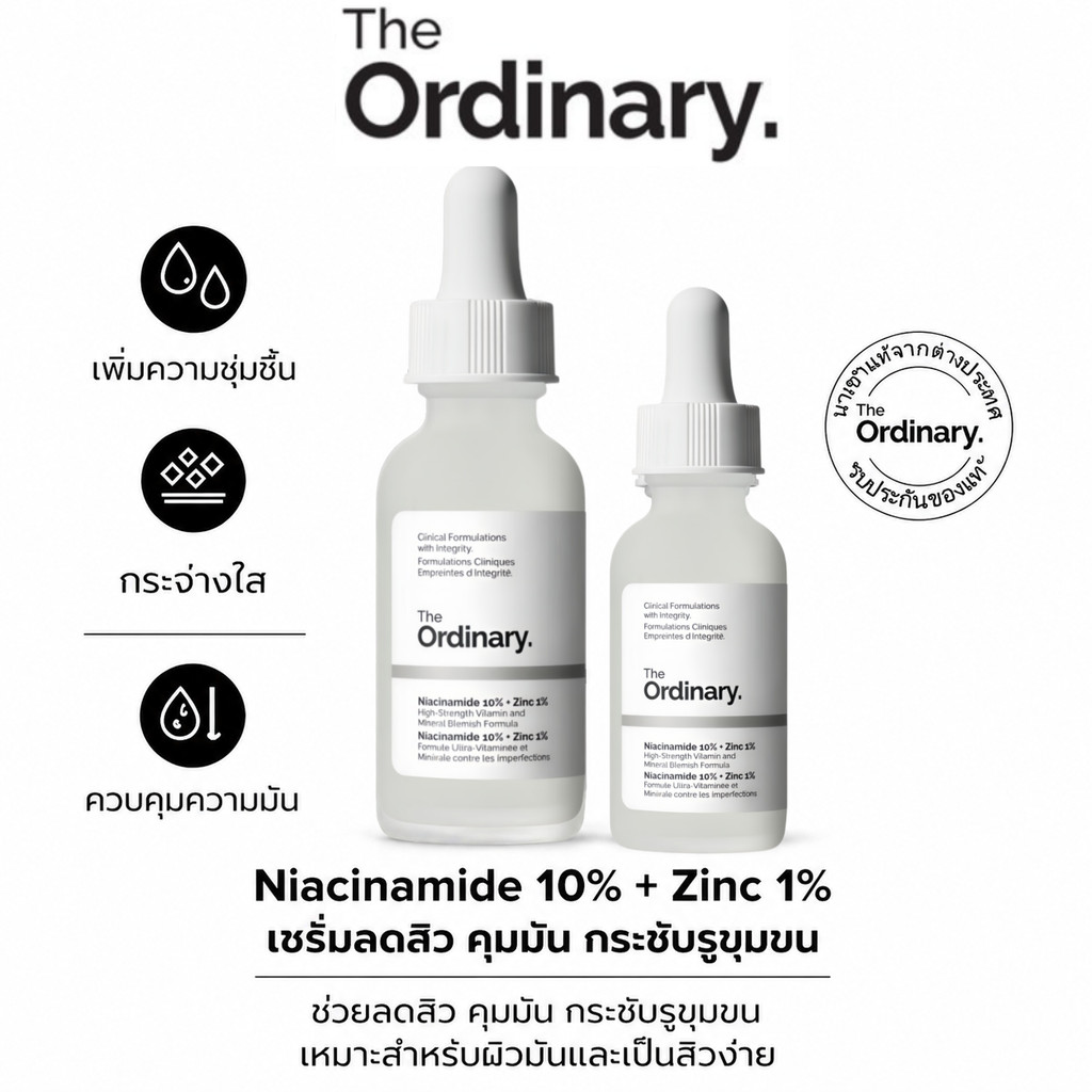 The Ordinary Niacinamide 10% + Zinc 1% 30/60mL เซรั่มลดสิว คุมมัน กระชับรูขุมขน ผิวเรียบเนียน กระจ่างใสขึ้น
