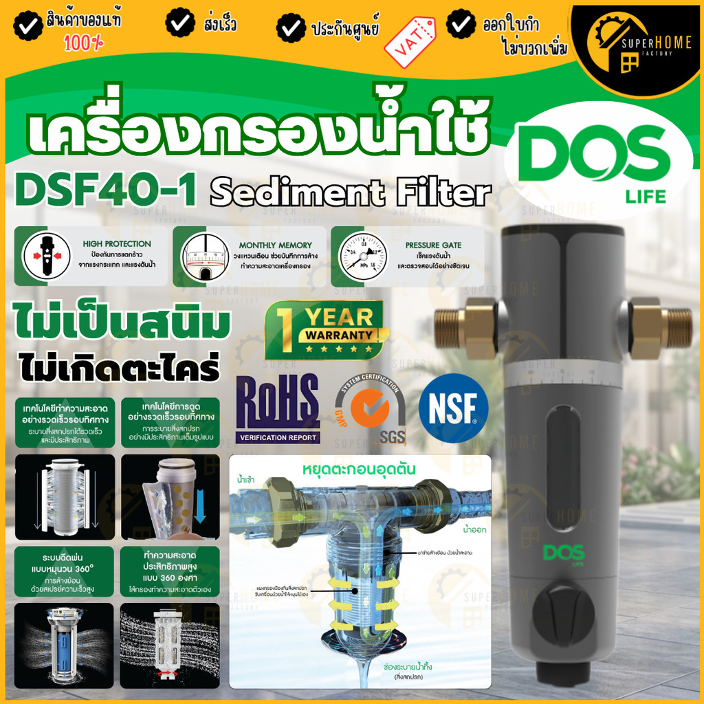 💥แท้ ส่งไว💥 DOS เครื่องกรองน้ำใช้ Sediment filter กรองทราย กรองตะกอน DSF40-1 แนวตั้ง เครื่องกรองน้ำ 40ไมครอน ตัวกรองน้ำ