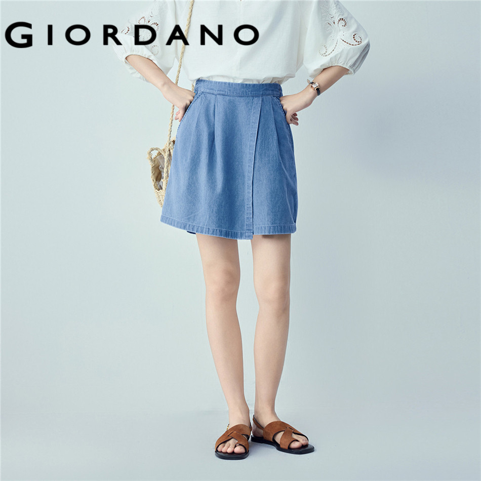 GIORDANO WOMEN Women Beau Monde 100% Cotton Pleated Semi-Elastic Waist Lightweight Denim Culotte Shorts 13406328
