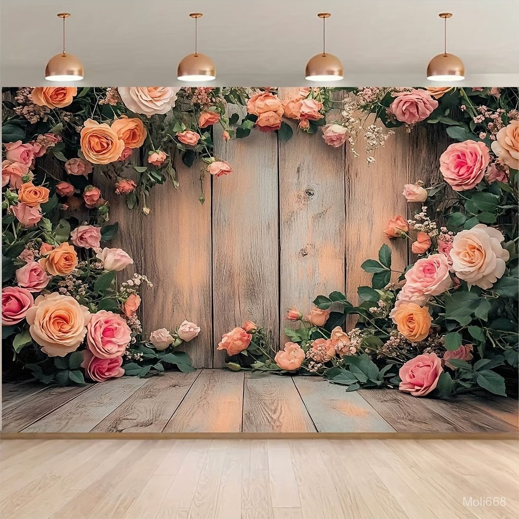 2D Flat, 1pc Backdrop - Romantic Sweet Style Floral Wooden Door Background Decoration, Photography S