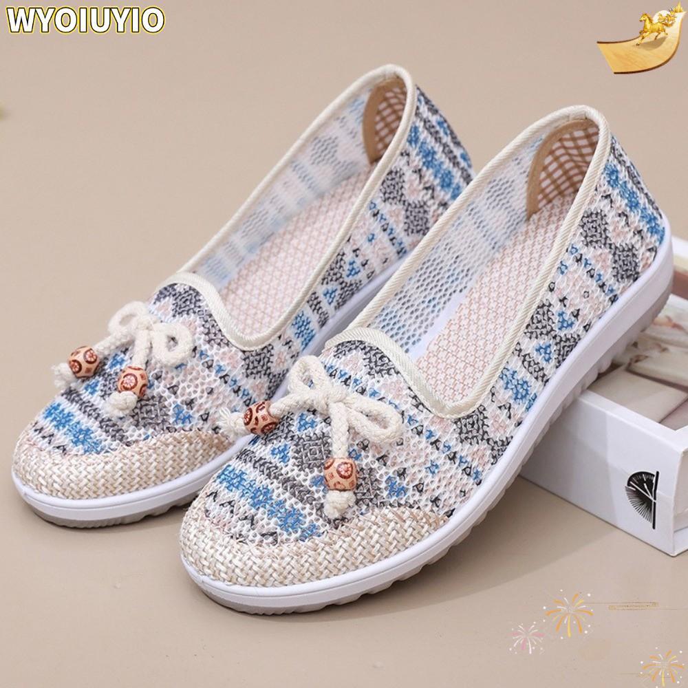 WYOIUYIO รองเท้าผ้าผู้หญิง, ฤดูร้อน Breathable รองเท้าแม่, ปักสบาย Slip-On สุภาพสตรีรองเท้าส้นเตี้ย