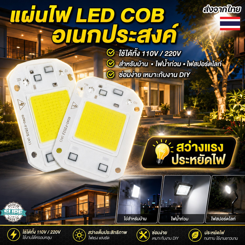 แผงไฟ LED COB 110V 220V หลอดไฟอัจฉริยะ IC แสงสว่างสูง สำหรับโคมไฟบ้าน ไฟน้ำท่วม ไฟสปอตไลท์ DIY