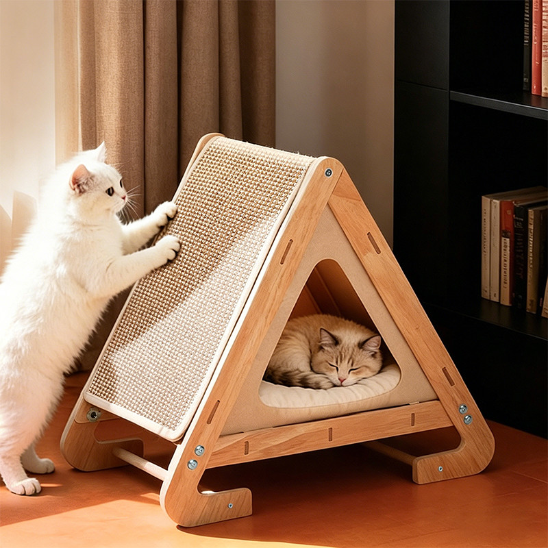 เตียงลับเล็บแมว 2-in-1 บ้านแมวไม้ รูป A-frame พร้อมลวดลายไซซัล เบาะถอดได้ สำหรับแมวภายในบ้าน