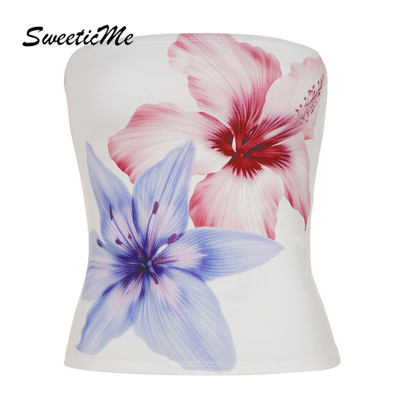 SweeticMe Womens 2026 New Fashion Casual Vacation Flower Print Tube Tops