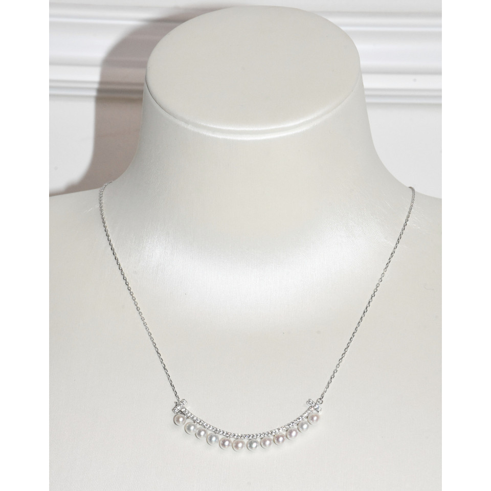 4A Freshwater Round Necklace in Silver 925 WG Plated - Curved Pearl Bar - White (3 -4mm)