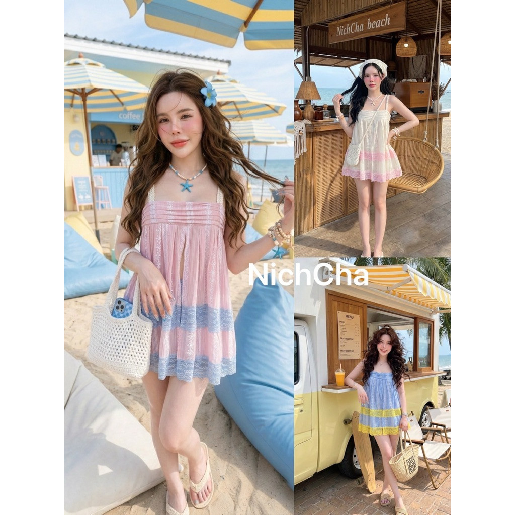 Summer ทูโทนน่ารักโซคิ้วท์มากกกก ️  ผ้านำเข้า ลายฉลุทั้งชุด แพตเทิร์นเป๊ะ แต่งลูกไม้เพิ่มความน่ารัก ใครกำลัง – โปรปัง