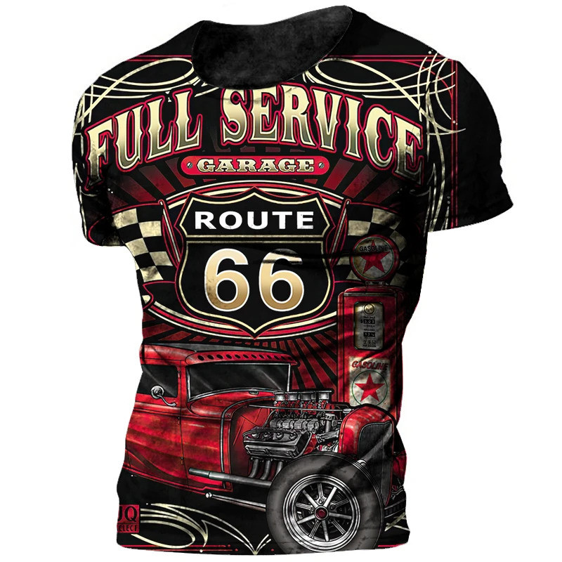 Vintage 66 Route เสื้อยืดแขนสั้นสำหรับชาย ลายพิมพ์ 3D แบบบайкер ขนาดใหญ่ เหมาะสำหรับการขับมอเตอร์ไซค