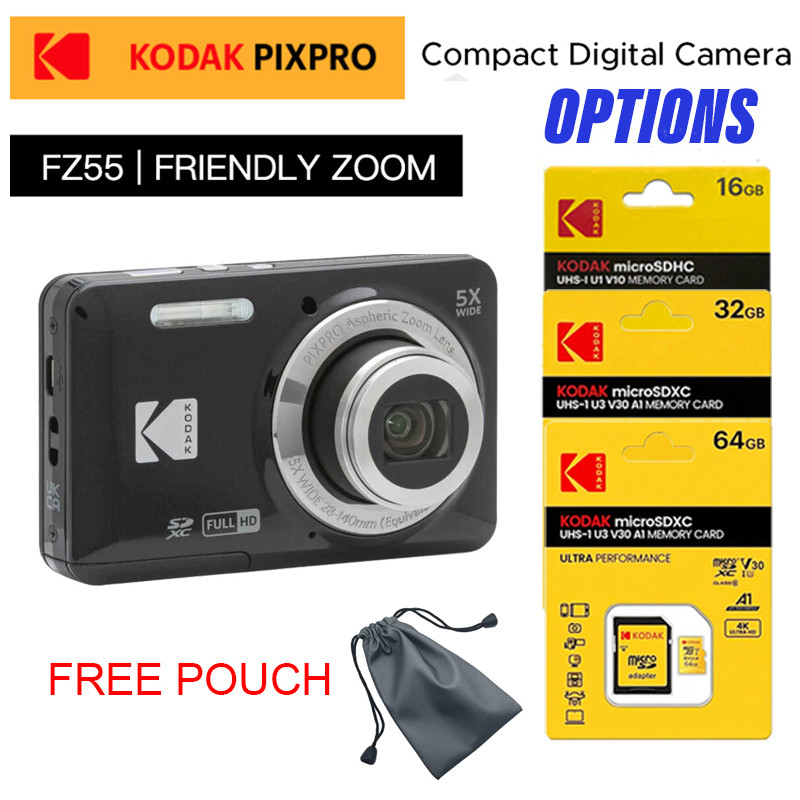 กล้องดิจิทัลคอมแพค Kodak PIXPRO FZ55 + การ์ดหน่วยความจำ 16GB / 32GB / 64GB + ถุงพกพา | สีดำ