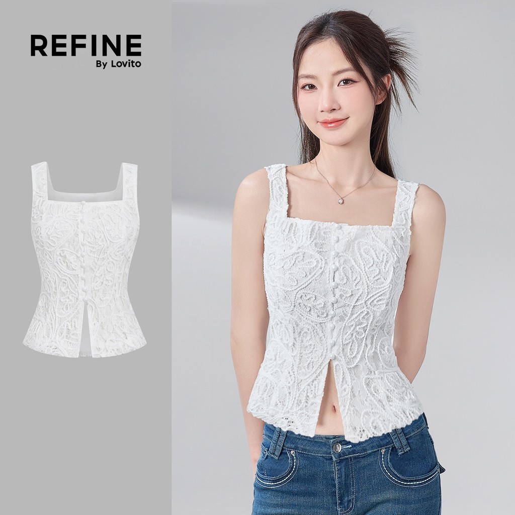 (Refine by Lovito) เสื้อลำลองสำหรับวันสงกรานต์ เสื้อลูกไม้ติดกระดุม สไตล์ใหม่ ฤดูใบไม้ผลิ/ฤดูร้อน สีขาว สำหรับผู้หญิง LR29A052
