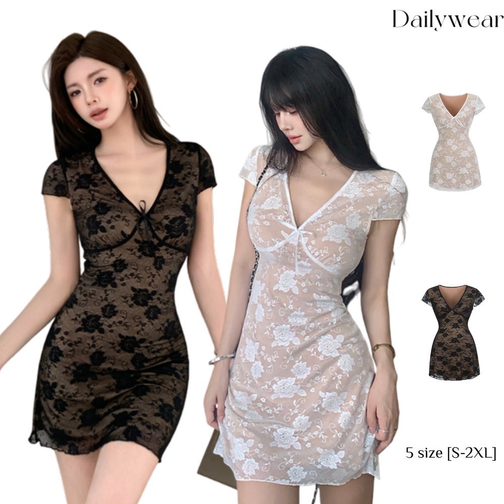 Dailywear ✨ ชุดเดรสคอวีลึกแขนสั้นสำหรับผู้หญิง สไตล์ฤดูร้อน ลูกไม้ รัดเอว กระโปรงทรงเอเข้ารูป กระโปรงมินิเข้ารูปเซ็กซี่
