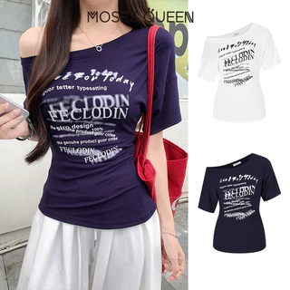 MOSESQUEEN สไตล์เกาหลี เสื้อยืดแขนสั้นลายไหล่เฉียง สำหรับผู้หญิง ทรงกระชับเอว #63649