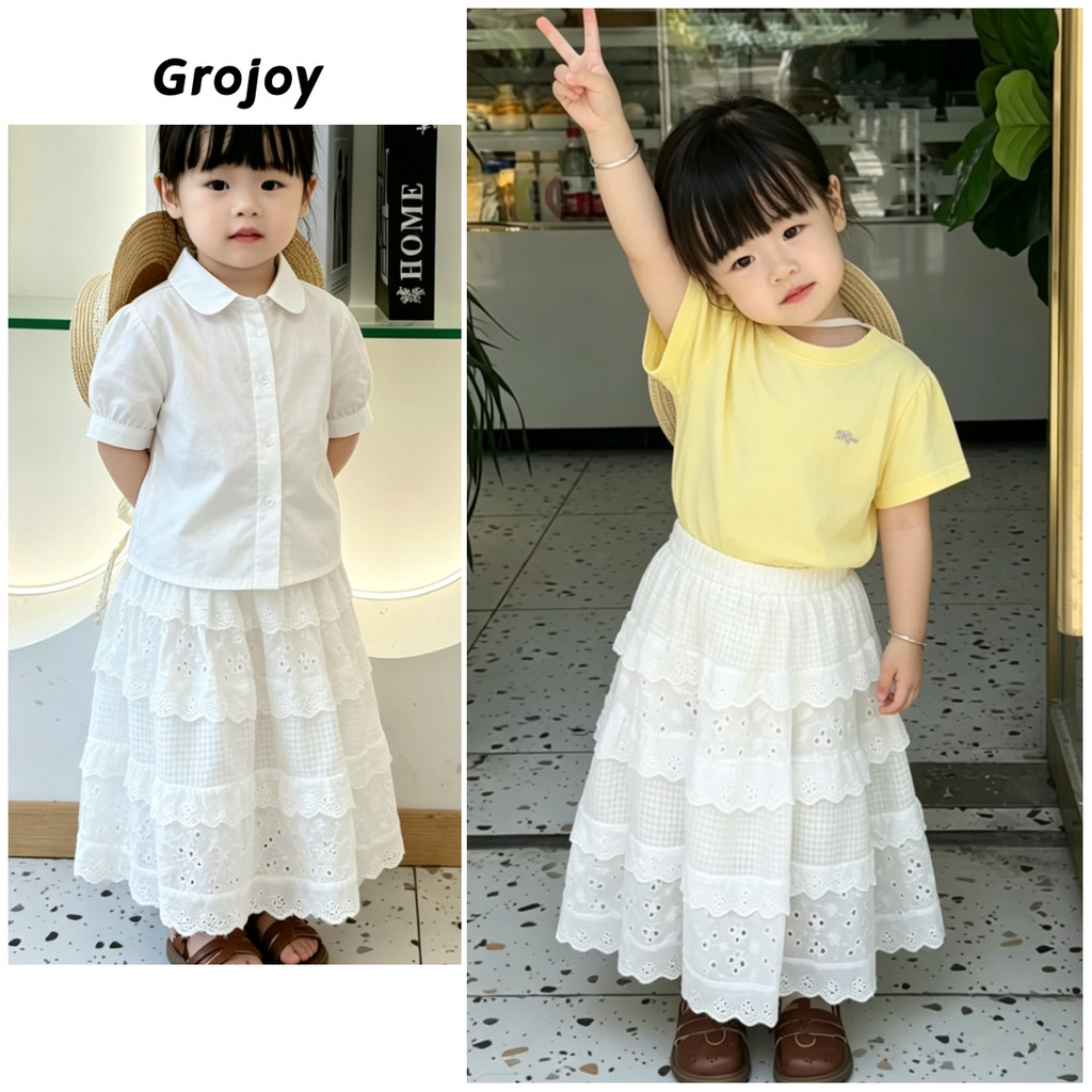 กระโปรงเค้กลูกไม้สีขาวสำหรับเด็กผู้หญิง ทรงยาวปักกลวงสไตล์เกาหลี ขนาดพิเศษ GC3662