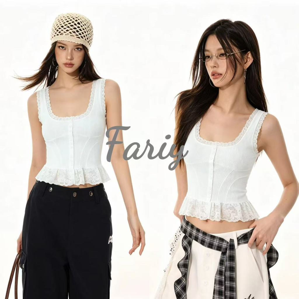 Fariy🍒คลังสินค้าพร้อม🍒 เสื้อผ้าสตรีสไตล์ยุโรปและอเมริกา ดีไซน์ใหม่ ทันสมัย ​​หรูหรา เข้ารูป สวมใส่ได้หลากหลาย เสื้อกั๊กผ้าลูกไม้ปะติดปะต่อ