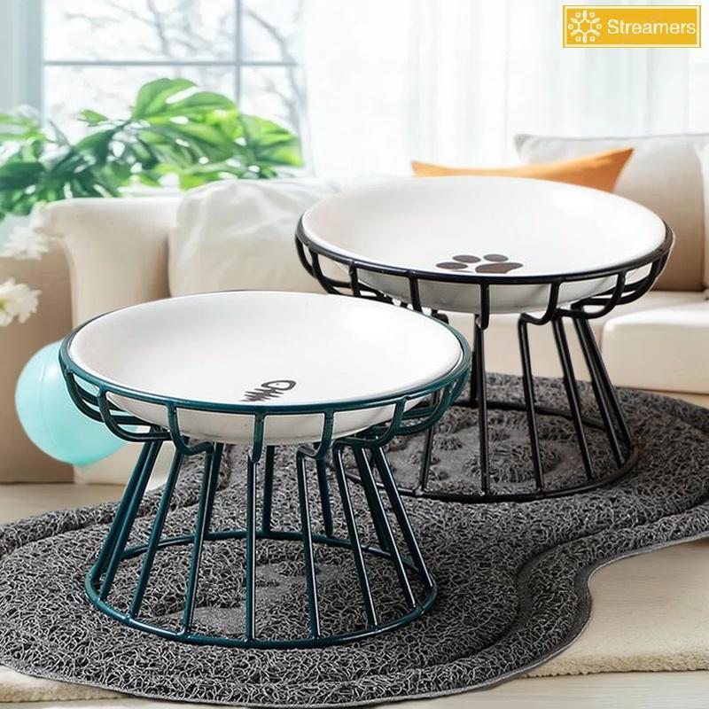 {Streamers} เซรามิคยกชามสัตว์เลี้ยงอาหารน้ําขนมสําหรับแมวและ Doggie Cat Stand Bowl สุนัขอุปกรณ์ให้อาหารกลางแจ้งอุปกรณ์ดื่มใหม่