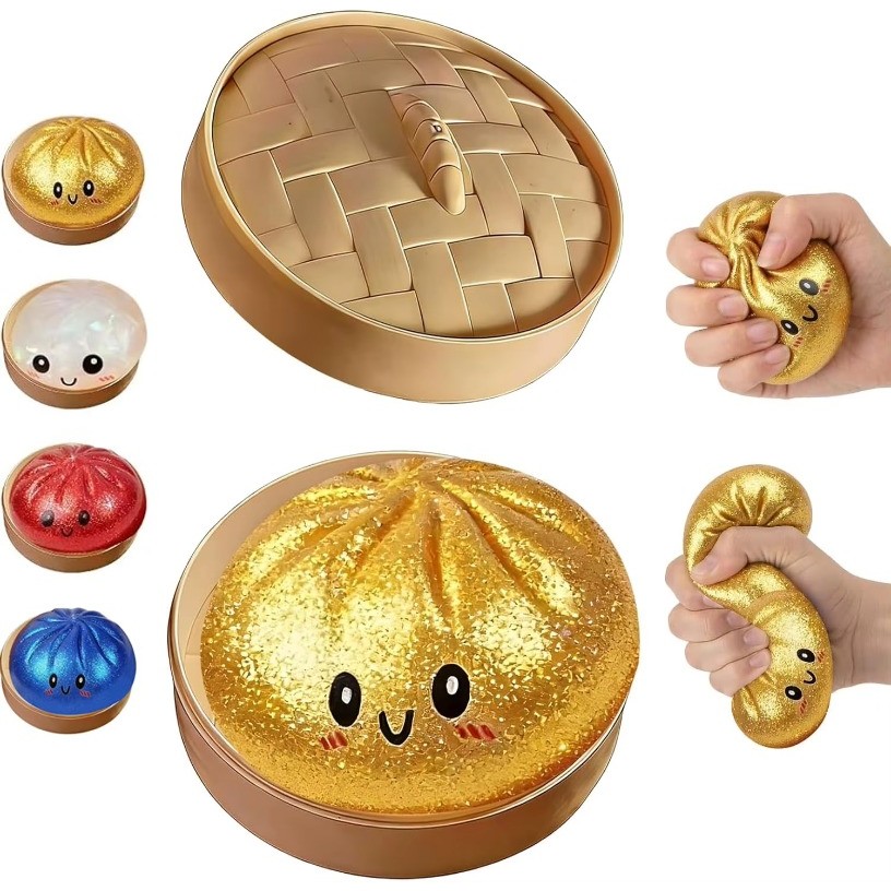 Glitter Dumpling Squishy ของเล่นจําลองอาหาร Sensory Squeeze Ball ความเครียดบรรเทาช้า Rebound กล่องตาบอดพร้อมกล่อง Steamer ของขวัญ