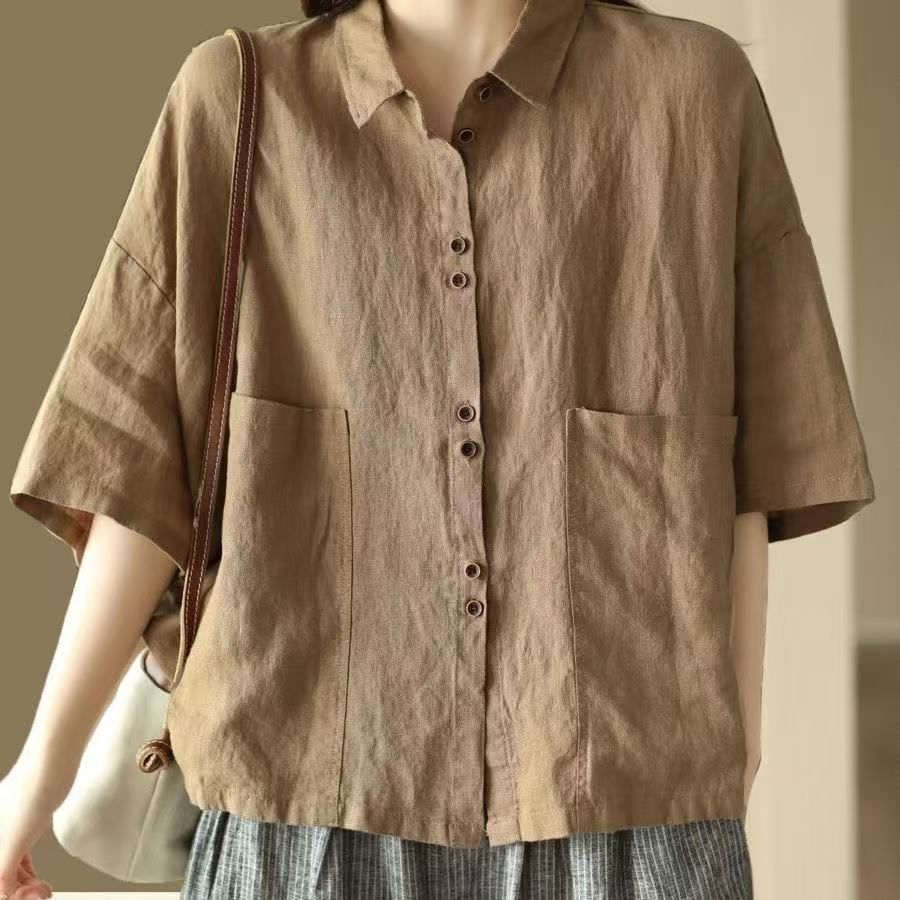 เสื้อโปโลผ้าฝ้ายและผ้าลินิน ฤดูร้อนสไตล์วรรณกรรม แขนเสื้อหลวม เหมาะสำหรับใส่ในฤดูร้อน