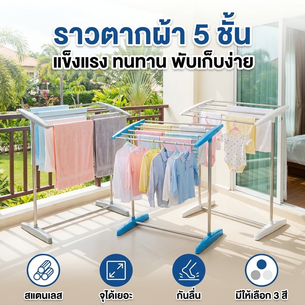 ราวตากผ้าเช็ดตัว 5ช่อง ราวแขวน ประกอบง่าย กันนำ้ สำหรับคอนโด รางตากแข็งแรง clothes drying rack ราวแขวนเสื้อ