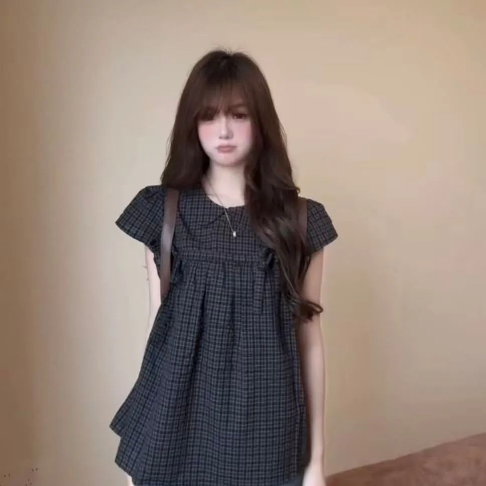2026 ฤดูร้อนสไตล์ญี่ปุ่นหวานตุ๊กตาลายสก๊อตLaced-Upเสื้อแขนสั้นผู้หญิงแคบเอวสไตล์ลําลองSlim-Fit Slimmerดูชุดด้านบน