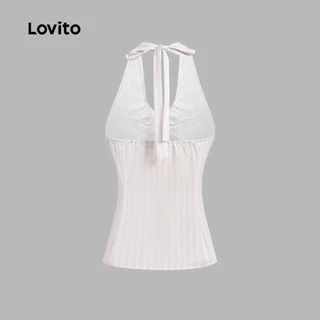 Lovito เสื้อแคชชวลลายทางผูกเชือกด้านหลัง เปิดหลัง สีชมพูอ่อน เสื้อกล้ามคอฮาลเตอร์เซ็กซี่สำหรับผู้หญิง ฤดูใบไม้ผลิ/ฤดูร้อน เกาหลี อินเทรนด์ L136AD305