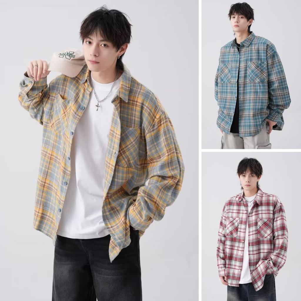 MNO.9 Shirt C283 เสื้อเชิ้ต คอปก แขนยาว Oversize ลายสก๊อต มีกระเป๋าหน้า มินิมอล เกาหลี เชิ๊ตชาย Man ผู้ชาย Clothing ราคา ถูกที่สุด ดีลบีเคเค