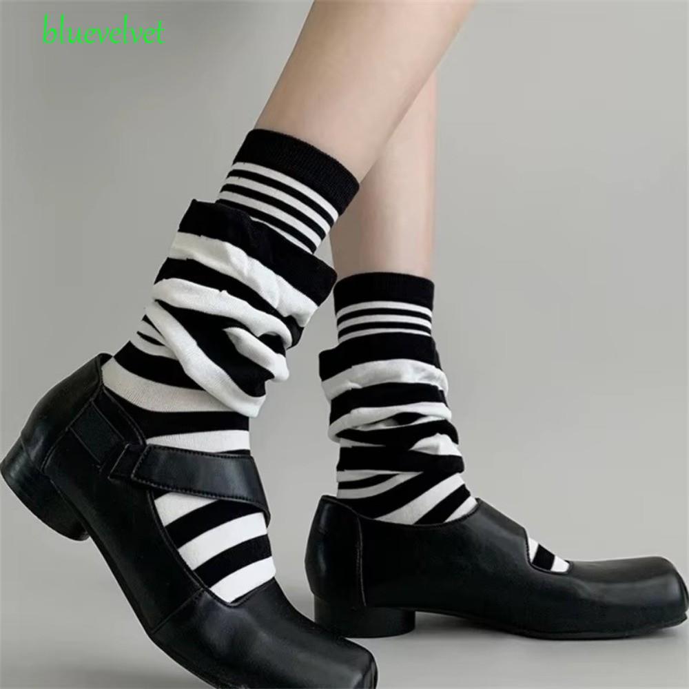 BLUEVELVET 4 คู่ Ruffle Stripe Stocking, Warm ปลอมสองชิ้นลายถุงเท้ากอง, Heap ถุงเท้าหลวมยืดหยุ่นสบาย