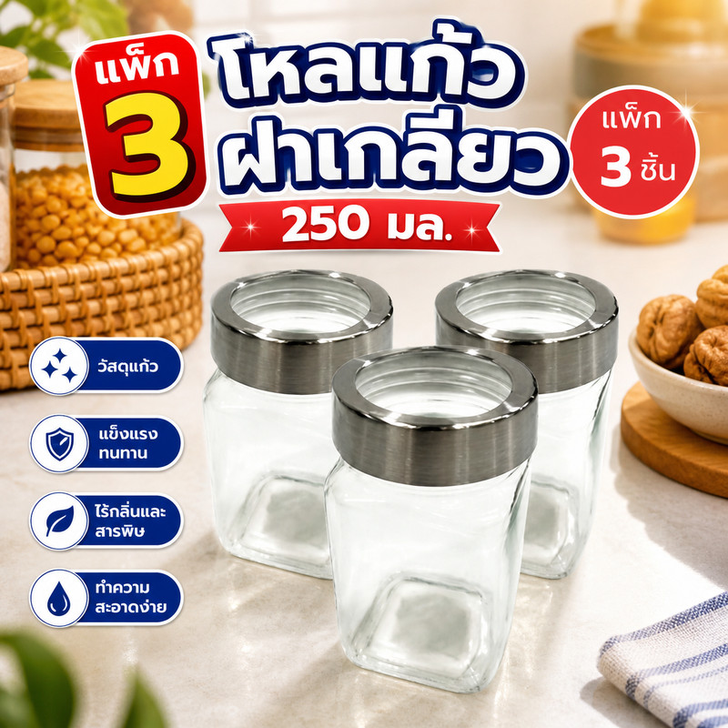 [แพ็ก 3 ชิ้น] โหลแก้วฝาเกลียวทรงกลม 250 มล. กระปุกแก้วสำหรับเก็บอาหารแห้ง ขนม เครื่องเทศ