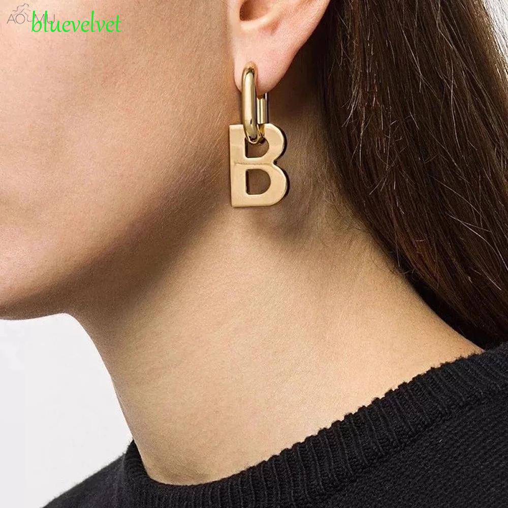 BLUEVELVET Drop Dangle ต่างหูของขวัญผู้หญิงอารมณ์ฝรั่งเศสสีทองสีเงินแฟชั่นตัวอักษร B Design